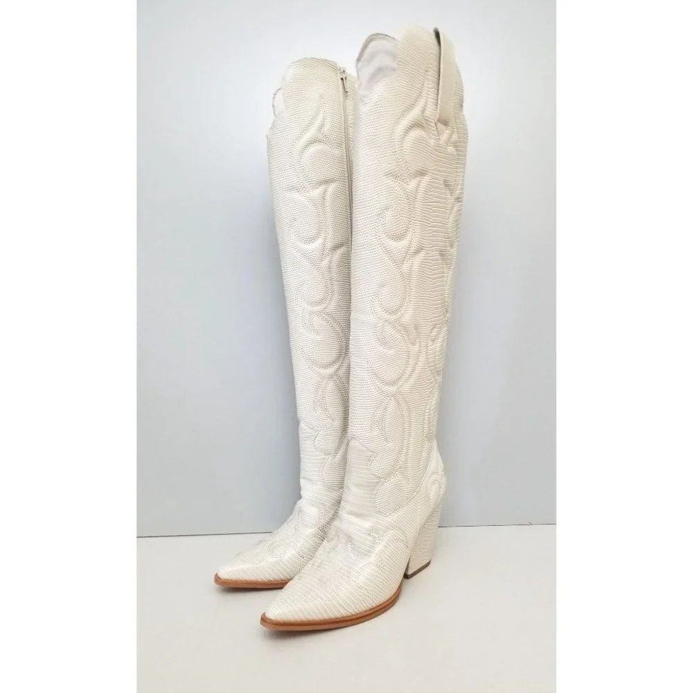 Free People Deja Over-the-Knee Boots Cream Faux Lizard Size 7 - Picture 2 of 5